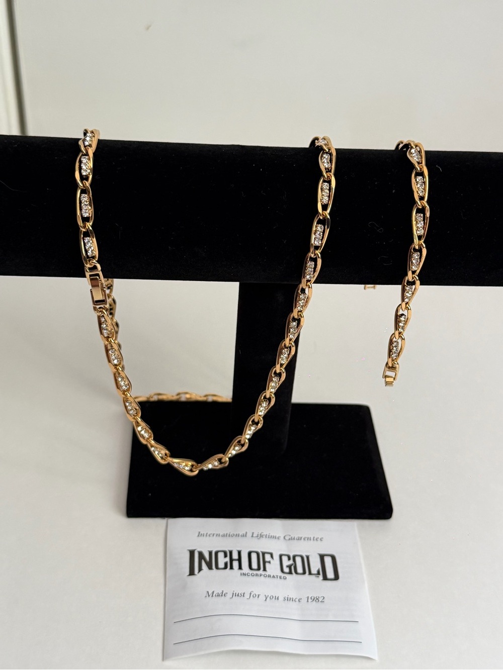 Gold tone Chain Link 30” Necklace And 8” Bracelet With Crystals By Inch Of Gold